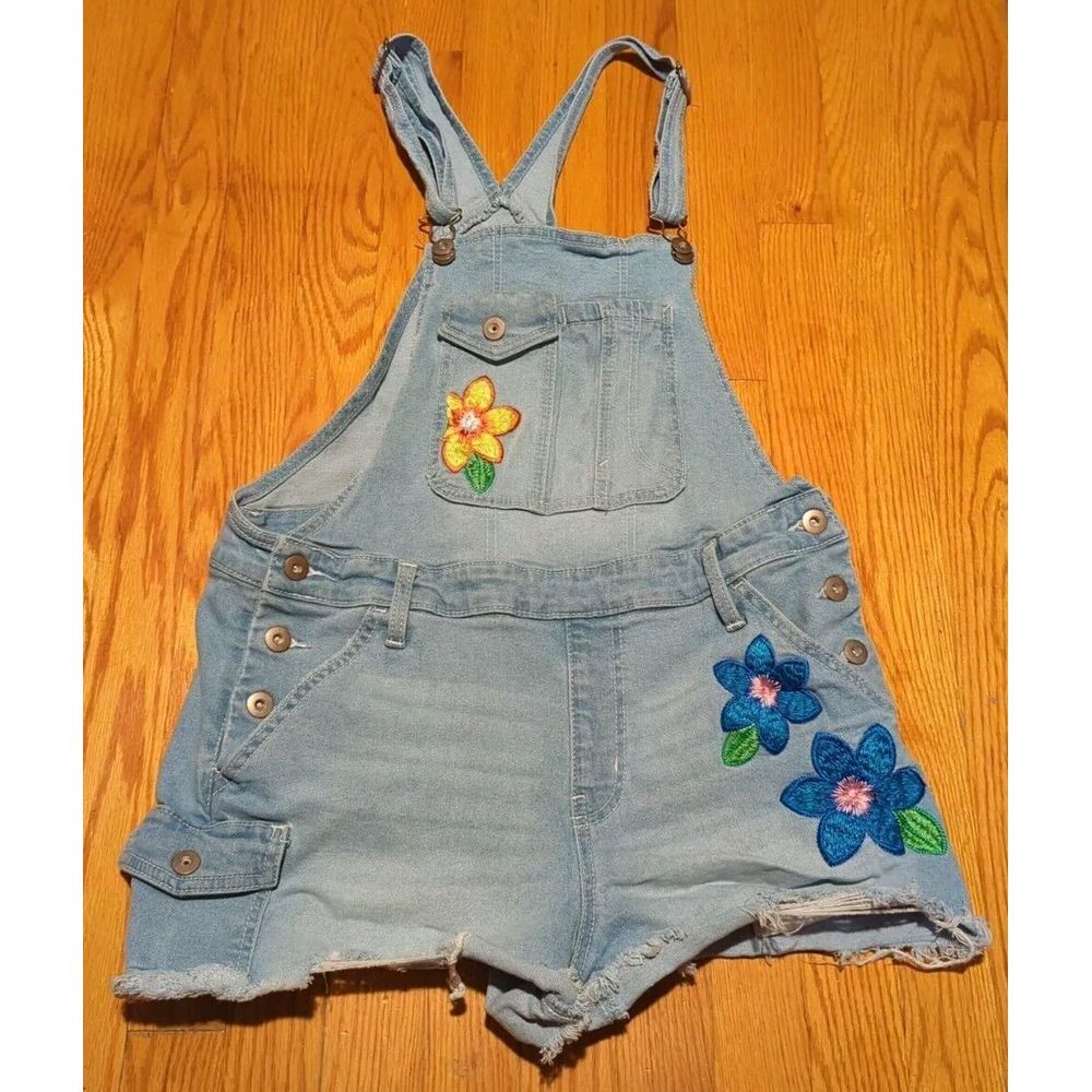 No Boundaries Vintage Overalls Short Shorts Women Size L 11-13 Blue Denim Flower